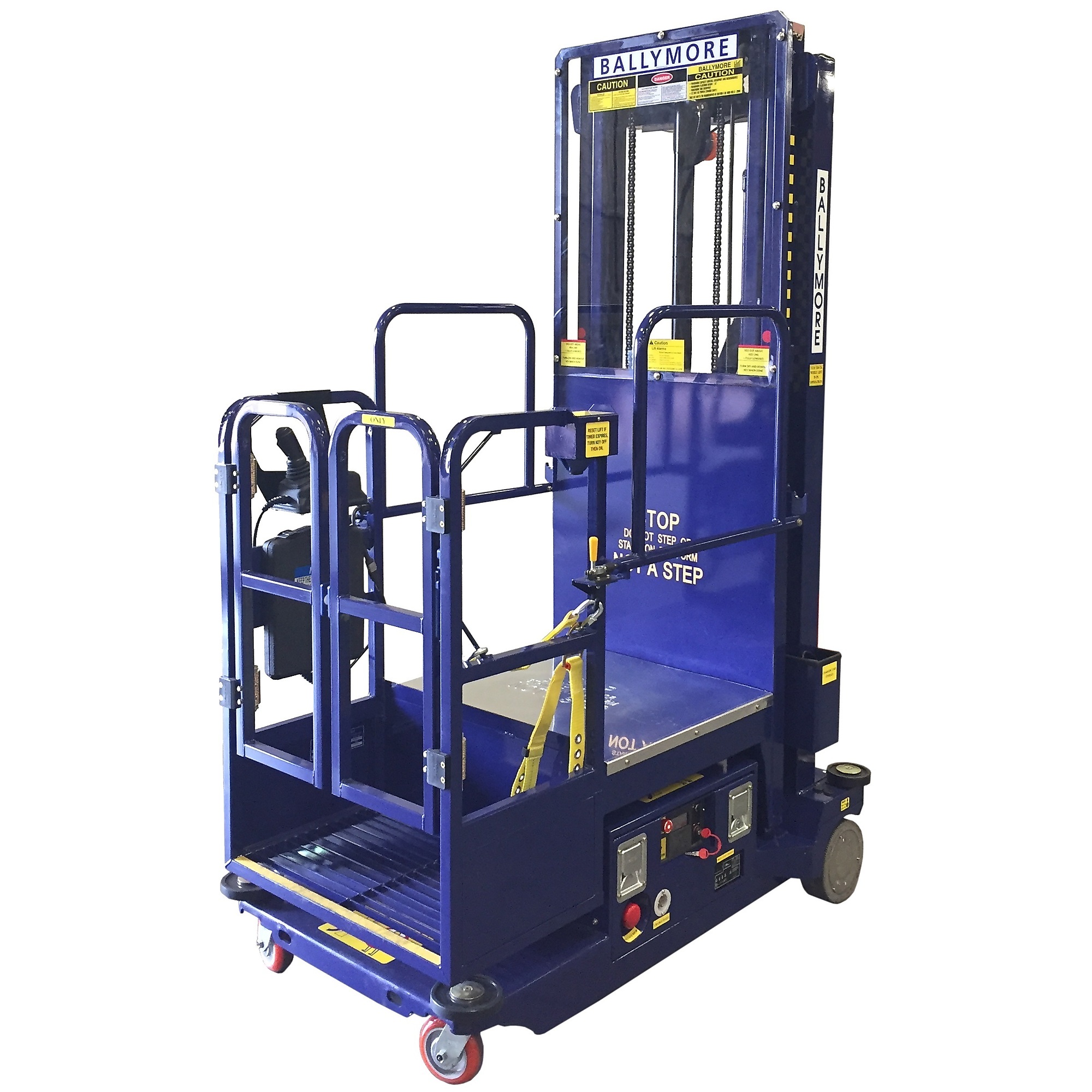 Ballymore, Drivable Power Stocker Lift, Capacity 650 lb, Working Height 18 ft, Platform Height 156 in, Model# PS-12DS